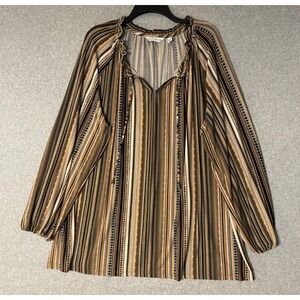 Susan Graver Top Womens 3X Brown Stripe Longsleeve‎ V Neck Tie Stretch
